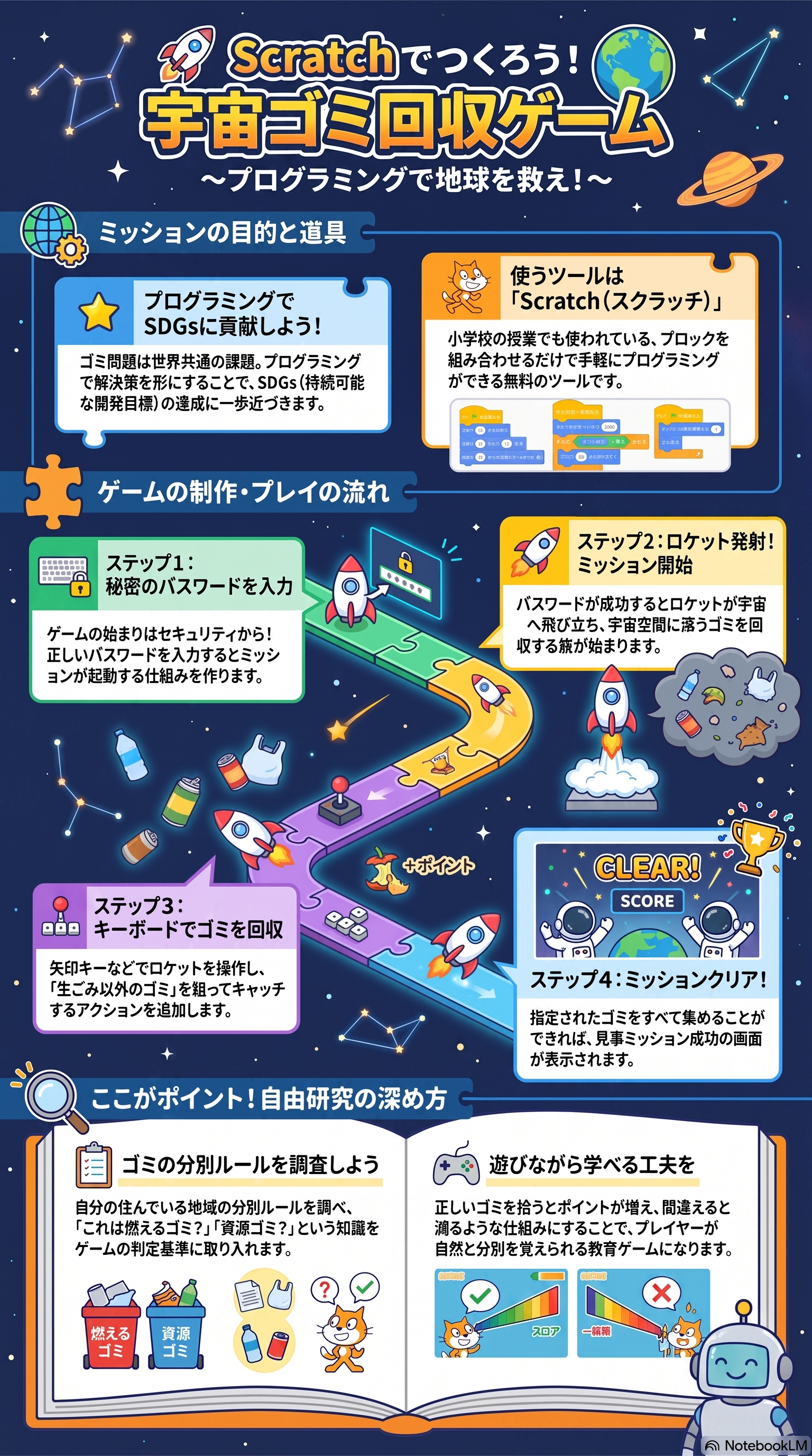 プログラミングで作る宇宙ゴミ回収ゲームのインフォグラフィック。宇宙ゴミと自然物の見分け方、ゴミの種類による分類、生ごみとそれ以外の区別、資源としての再利用という4つの視点をまとめている