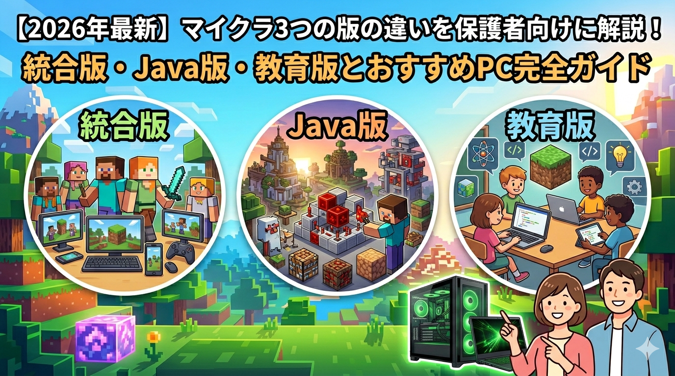 【2026年最新】マイクラ3つの版の違いを保護者向けに解説!統合版・Java版・教育版とおすすめPC完全ガイド